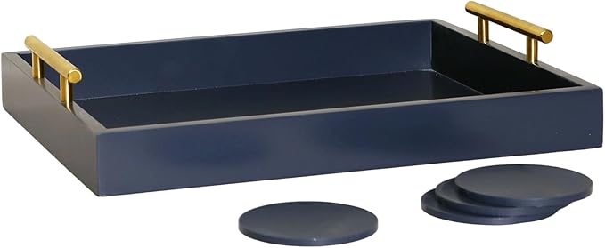 Decorative Tray with Polished Gold Metal Handles, Living Room Bathroom Coffee Bar Organizer Modern Tray for Decorative Accent Tray for Storage and Display (Sea Blue)