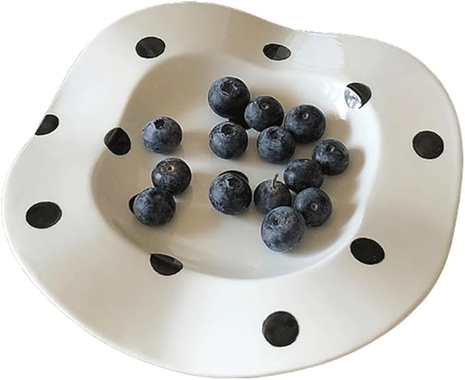 SONGCHAO Party Supplies 8 Inch Ceramic Plate Polka Dot Stripe Irregular Wavy Ceramic Serving Plate Restaurant Kitchen Dessert Plate Party Plates (Color : A)