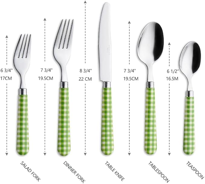 ANNOVA Silverware Set Stainless Steel Colorful Tableware Kitchen Flatware Set Utensils, Includes Dinner Knives, Forks, Spoons, Salad Forks & Dessert Spoons (Green/Checkered, 20 Pieces)