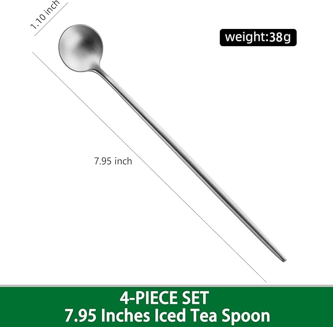 7.95 Inches SS18/10 Long Handle Iced Tea Spoons,Set Of 4 Satin Finishing Stainless Steel Long Spoons For Stirring Cocktail,Ice Cream,Milk,Iced Teaspoons Set