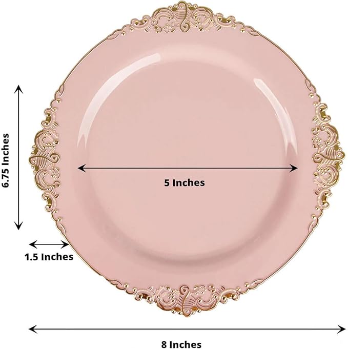 8" Salad Plates -Set of 30 - Plastic Blush Round Baroque Disposable Chargers Leaf Embossed Rim, Ideal for Dinner Party Wedding Bulk Events