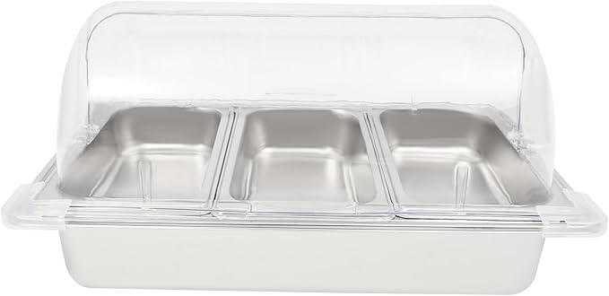 Countertop Food Serving Display Container, 3-Compartment Food Serving Tray with Clear Roll Top Cover Stainless Steel Buffet Condiment Dispenser Display Rack for Restaurant Hotel Kitchen Party