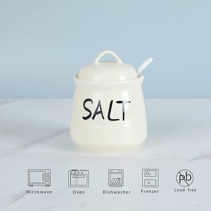 HAOTOP Salt Bowls with Lid and Spoon -12 oz Ceramic Salt Cellar, Salt Containers, Spice Box for Counter, Farmhouse Kitchen Decor, Beige