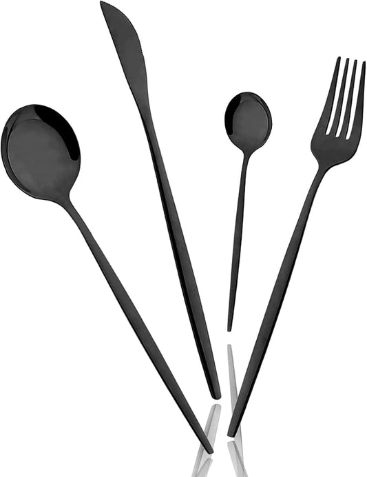 8 Piece Snplowum Flatware Set, 18/0 Stainless Steel Silverware For 2, Kitchen Wedding Gift Utensils For Couple Friend Home Daily Use, Travel Tableware Set, Mirror Black