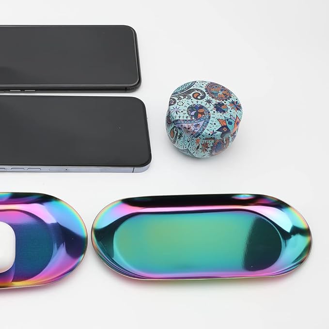 Stainless Steel Decorative Tray, Set of 2, 7 Inch Long, Jewelry Dish Cosmetics Organizer Bathroom Clutter Serving Platter Small Storage Tray, Oval, Holographic