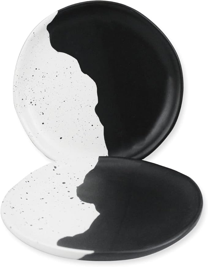 roro Handcrafted Ceramic Appetizer & Salad Plates - Set of 2, Mottled Cream, 7 Inches | Unique Black & White Organic Glazed Design | Sturdy & Food-Safe, Microwave Safe, Lead-free Glazed