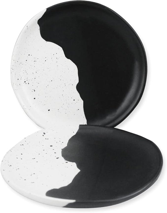roro Handcrafted Ceramic Appetizer & Salad Plates - Set of 2, Mottled Cream, 7 Inches | Unique Black & White Organic Glazed Design | Sturdy & Food-Safe, Microwave Safe, Lead-free Glazed