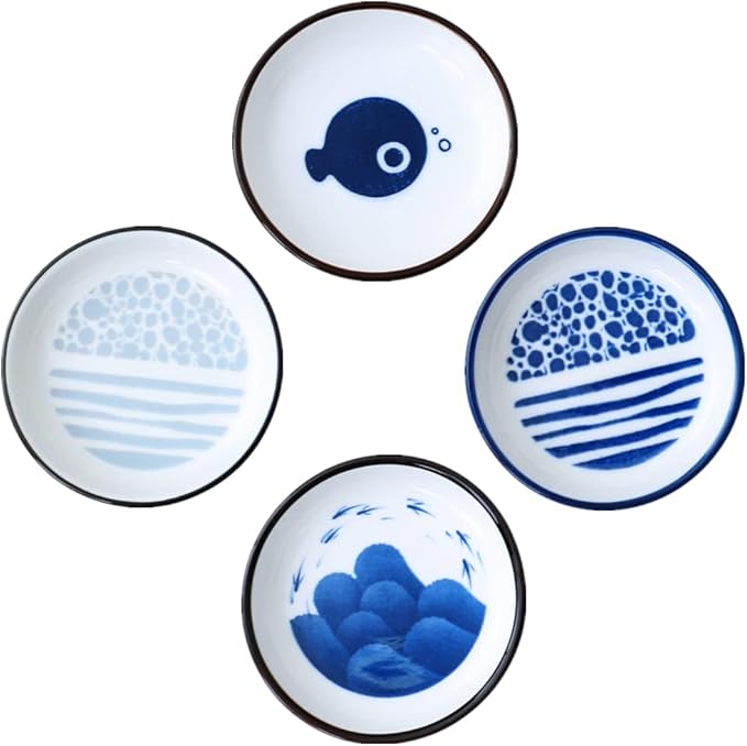 Japanese Retro Ceramic Side Dishes Set of 4, Ceramic Sauce Dipping Bowls Porcelain Side Dish Bowl, 3.54 Inch Mini Seasoning Dish for Ketchup, Sushi, Snack, BBQ and Other Party Supplies
