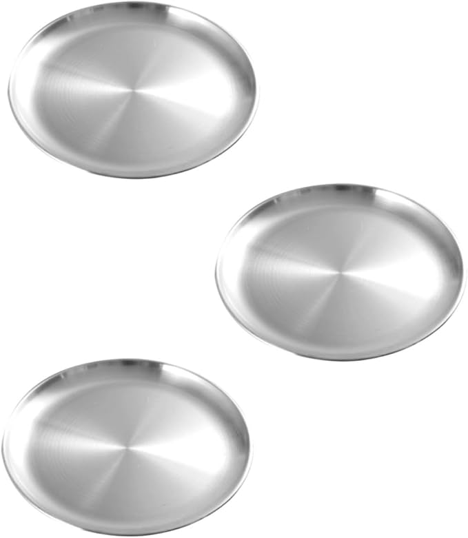 Mobestech 3 Pcs Stainless Steel Plate Divided Outdoors Buffet Dinner Trays Dining Trays for Serving Food Round Unbreakable Platters Camping Servers Dinner Plates Grilling Serving Tray Silver