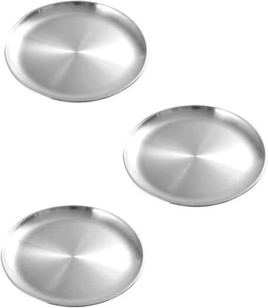 Mobestech 3 Pcs Stainless Steel Plate Divided Outdoors Buffet Dinner Trays Dining Trays for Serving Food Round Unbreakable Platters Camping Servers Dinner Plates Grilling Serving Tray Silver