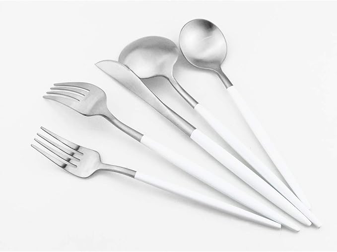 Gugrida Luxury Flatware, Royal 20 Piece Matte White Handle 18/10 Stainless Steel Tableware Sets for 4 Including Forks Spoons Knives, Camping Silverware Travel Utensils Set Cutlery (White Silver)