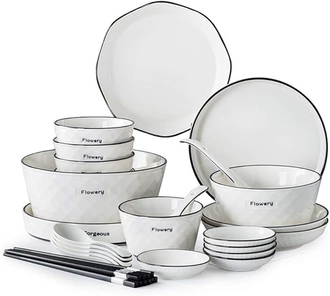 60 Pieces White Dinnerware Set Dishes - Dinner Plates and Bowls Sets Service for 12, Luxury Ceramic Dishes Set, Nordic Style Black Line Diamond Pattern, for Family Friend (White 28 Pcs)