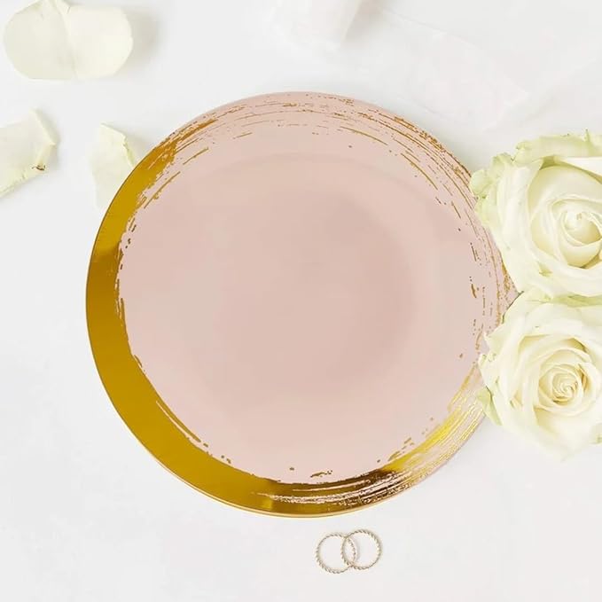 SILVER SPOONS Gold Brush Stroke Rimmed Plastic Dessert Plates for Party (10 PC) Heavy Duty Disposable Dinner Set 7.5", Fine China Look Dishes for Baby Showers, Celebrations & Events - Blush