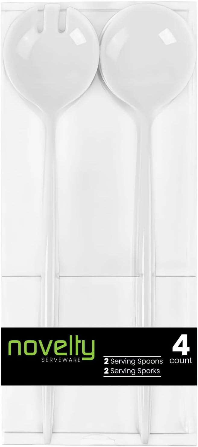Bluesky Trading Novelty Servware White Plastic Serving Set - Includes: 2 Serving Spoons, 2 Serving Sporks - Chic Design, Pect for Parties, Events, Wedding, Entertaining, & Home Usage
