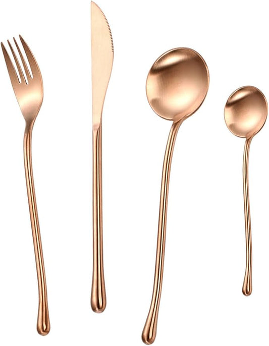 JASHII 304 Flatware Set Matte Copper Silverware Set Satin Finished 18/8 Stainless Steel Cutlery Set with Round Handle 24 Piece Wedding Housewarming Gift Service for 6 - Rose Gold