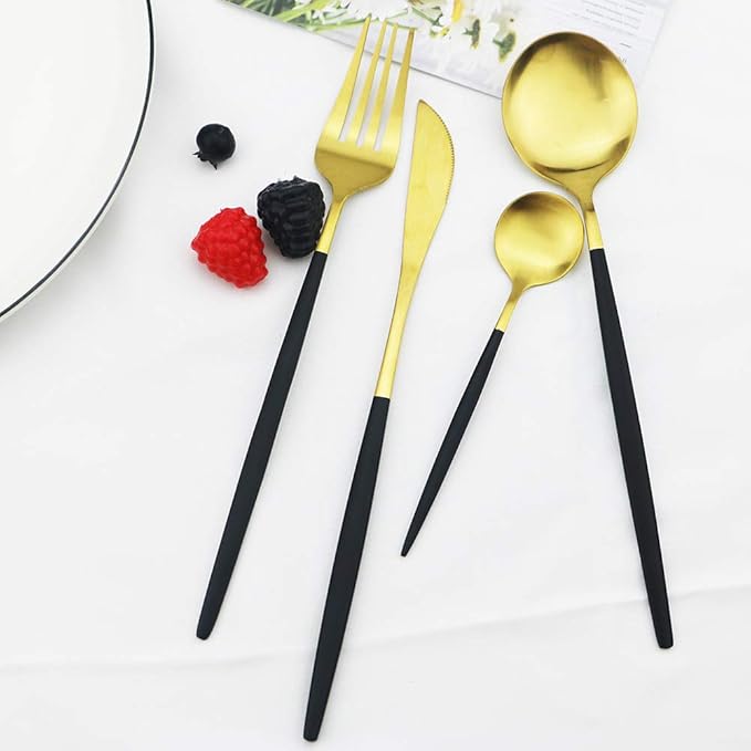 JASHII Matte Silverware Set, 24-Piece Stainless Steel Flatware Cutlery Set for 6, Ideal for Home Wedding Festival Party, Dishwasher Safe (Black Handle Gold)
