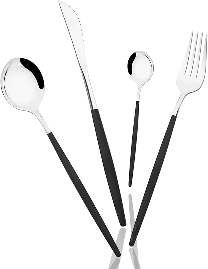 8-Piece Picnic Tableware Set, Mirror 18/0 Stainless Steel Couple Cutlery Set Include Knife, Fork, Spoon, Coffee Spoon, Metal Daily Basic & Classic Utensils For 2 People, Black Silver