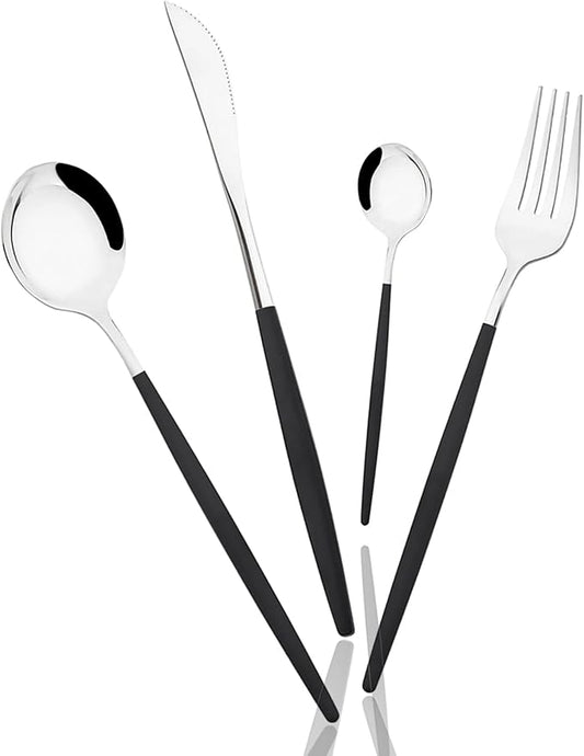 32 pcs Splicing Color handle Cutlery Set, Mirror Silver 18/0 Stainless Steel Flatware Set For 8, Metal Tableware Kitchen Utensils Include Dinner Knife/Fork/Spoon/Teaspoon, Black Silver