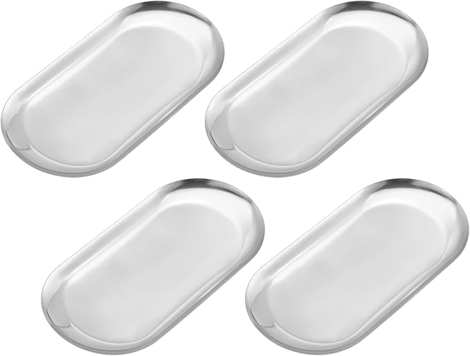 uxcell 4pcs Stainless Steel Decorative Trays, Bathroom Trays, Makeup Cosmetic Trays, Small Serving Trays for Candles Dessert Tray(Silver, 7 x 3.3 Inch)