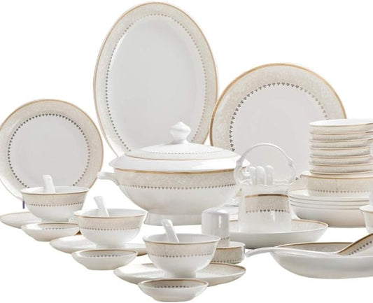 60 Heads ceramic tableware Dish Rice Bowl Salad Noodles Bowl Plate Dinnerware Sets Kitchen Soup Pot AshtrayTableware-WHITE