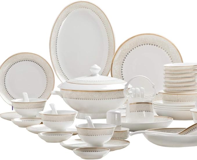 60 Heads ceramic tableware Dish Rice Bowl Salad Noodles Bowl Plate Dinnerware Sets Kitchen Soup Pot AshtrayTableware-WHITE