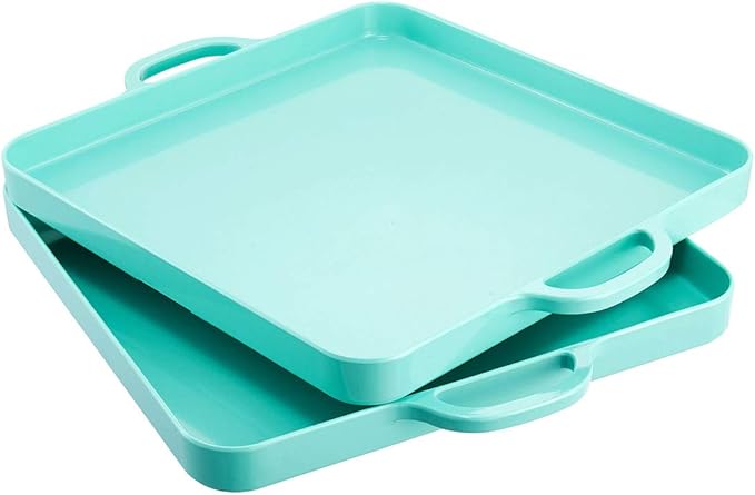 i BKGOO Foodservice Lake Blue Plastic Tray with Handle Set of 2 Large Melamine Cube Serving Platters for Parties, Table, Kitchen Size(12.5"x12.5"x1")