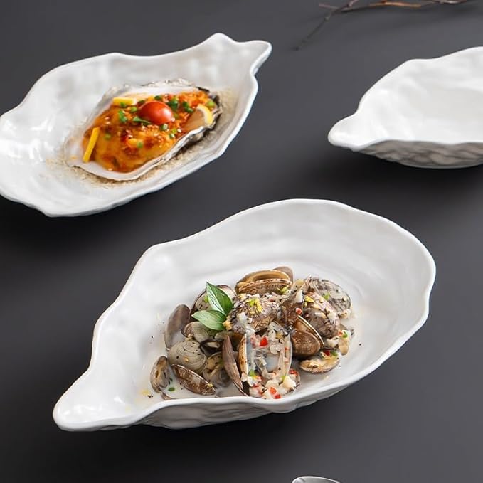 Kitchen Plates 7.5-inch Creative White Oyster Shell Ceramic Plate Household Appetizer Tableware Simple Western Restaurant Dish Commercial Restaurant Plates(9.5 in)