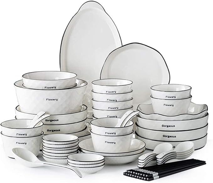 60 Pieces White Dinnerware Set Dishes - Dinner Plates and Bowls Sets Service for 12, Luxury Ceramic Dishes Set, Nordic Style Black Line Diamond Pattern, for Family Friend (White 60 Pcs)