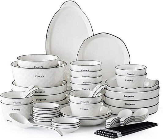 60 Pieces White Dinnerware Set Dishes - Dinner Plates and Bowls Sets Service for 12, Luxury Ceramic Dishes Set, Nordic Style Black Line Diamond Pattern, for Family Friend (White 60 Pcs)