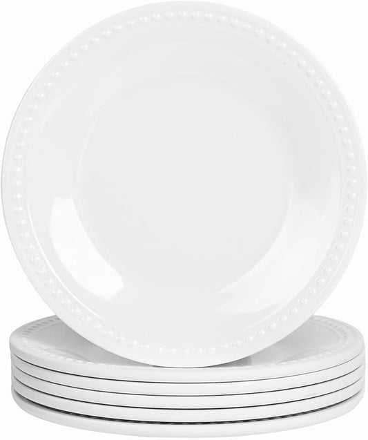 Melamine Beaded Dinner Plate Set of 6, BPA Free, Platter, Serving Dishes, Chip & Break Resistant, Lightweight, Great for Dining, Weddings & Everyday Meals (White, 11in (Pack of 6))