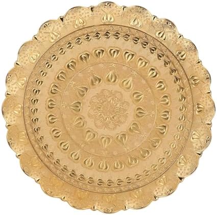 Jeanoko 1PCS Gold Serving Trays, 13.8" Dia Round Metal Serving Tray, Turkish Tea Coffee Serving Tray, Coffee Plate for Bar Outdoor Dessert