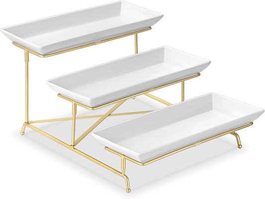 Yedio 3 Tier Serving Tray Set 14 Inch Porcelain Tiered Serving Platters, Collapsible Sturdier Stand with Stable Cross Bars, Three Layer Serving for Party Entertaining Food Display Fruit Dessert