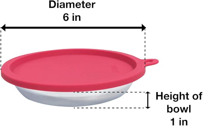 Messy Cats 4pc Set with Two Stainless Saucer Shaped Bowls and Two Silicone Lids, 1.75 Cups Per Bowl, Watermelon and Purple Lids