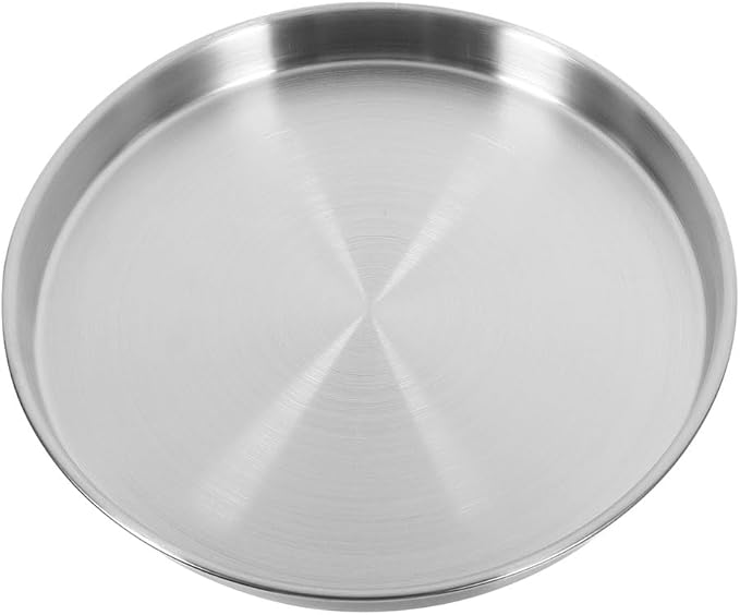 LOGOFUN 2pcs Korean Style Stainless Steel Round Serving Tray Matte Flat Bottom Plate for Steaming Food Commercial BBQ Party 26cm Silver