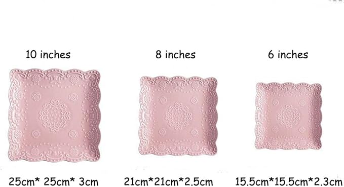 Eplze YBK Tech Elegant Square Embossed Lace Plate Bone China Dessert Plate Ceramic Plate for Breakfast Afternoon Tea (Pink, 10-inch)