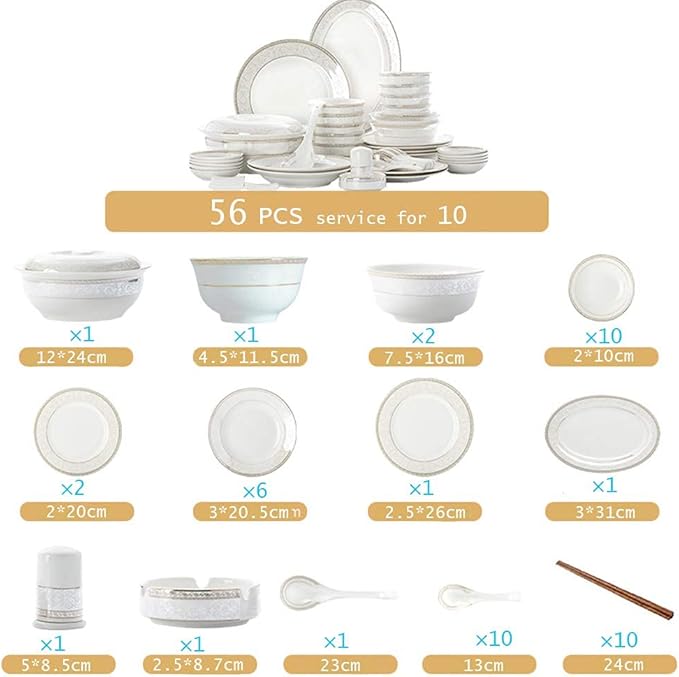 White Round Porcelain Dinnerware Set, Dishes/Plate/Bowl Set, Fine Bone China Dinnerware Sets, Collection Ceramic Kitchen and Dining Sets for Home,B56 pcs Service for 10 (A56 Pcs Service fo