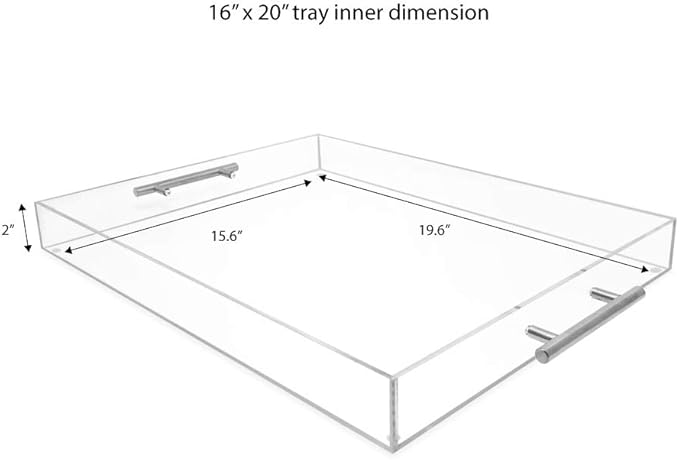 Isaac Jacobs Clear Acrylic Serving Tray (16x20) with Silver Metal Handles, Spill-Proof, Stackable Organizer, Food & Drinks Server, Indoors/Outdoors, Lucite Storage (16x20, Clear with Silver Handle)