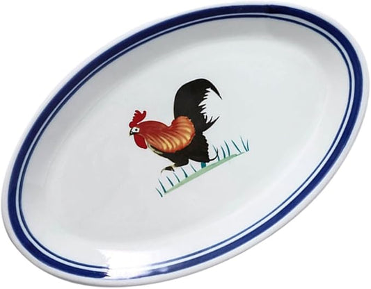 Cabilock Vintage Rooster Plate Ceramic Oval Snack Dish for Hot Pot Barbecue Wedding Restaurant White