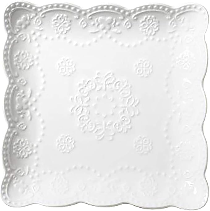 Eplze YBK Tech Elegant Square Embossed Lace Plate Bone China Dessert Plate Ceramic Plate for Breakfast Afternoon Tea (White, 6-inch)