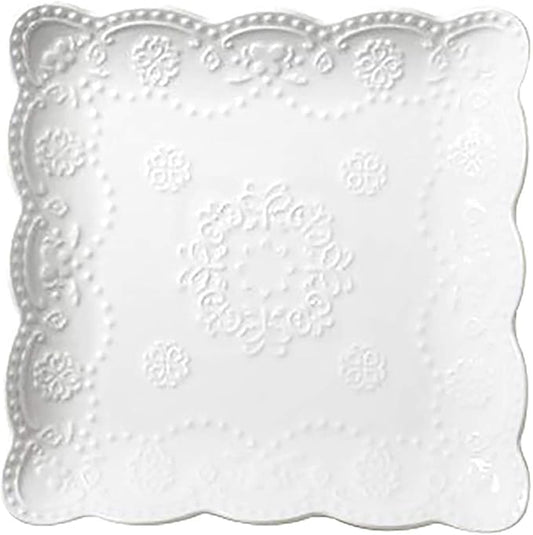 Elegant Square Embossed Lace Plate Bone China Dessert Plate Ceramic Plate for Breakfast Afternoon Tea (White, 8-inch)