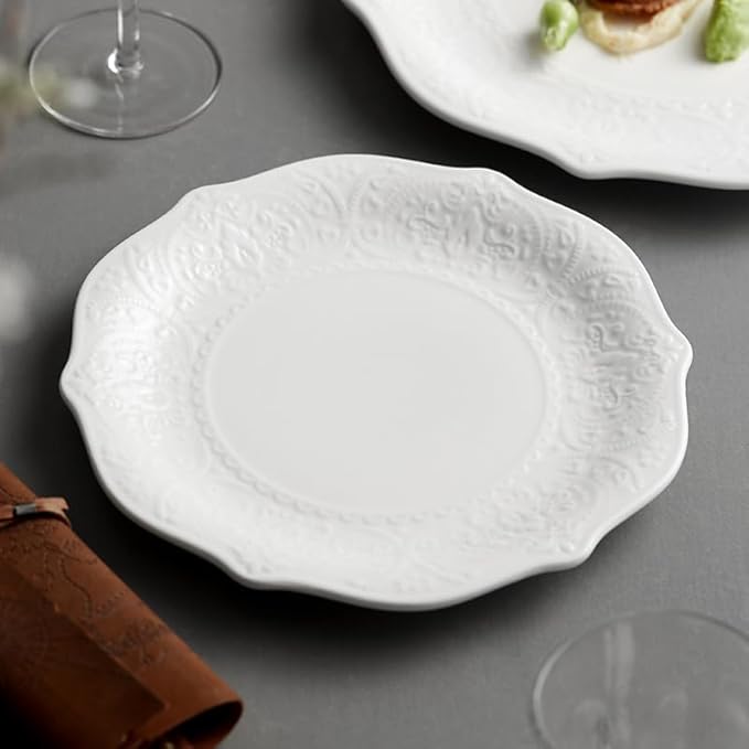 SOUJOY Set of 6 Salad Plate, 8 Inch Porcelain Dessert Serving Plates, Embossed Printing Small Dinner Dish for Pancakes, Steak, Microwave, Dishwasher Safe