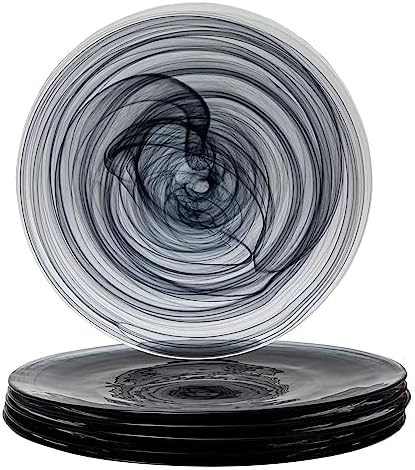Vikko Charger Plates, Set of 6 Black Alabaster Dinner Plates, 13" Plate with Marbelized, Swirl Design, Elegant Glass Charger, Dishwasher Safe