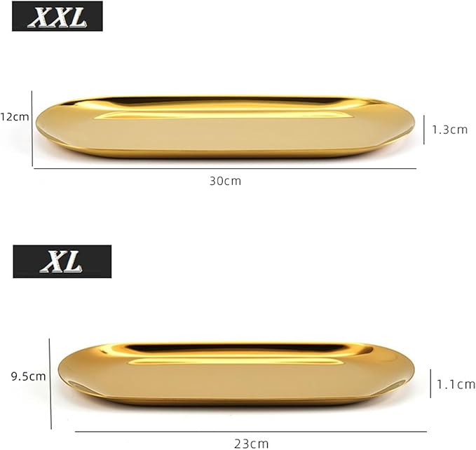 [2pk] Gold Decorative Tray, Perfume Bathroom Jewelry Vanity Mirror Candle Trinket Towel Pallet, Small Metal Stainless Steel Tray, Oval,XXL 12 x 4.7 x 0.5 in