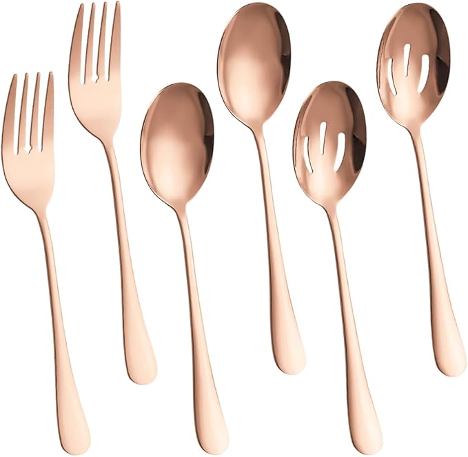 Silverware Sets, Includes 2 Serving Spoon,2 Slotted Serving Spoon, 2 Serving Fork, Stainless Steel Serving Spoons for Parties,Buffet Serving Utensils Set (Rose Gold)