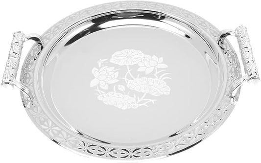 Round Floral Serving Tray for Fruits and Snacks Stainless Steel Decorative Plate for Parties and Buffets
