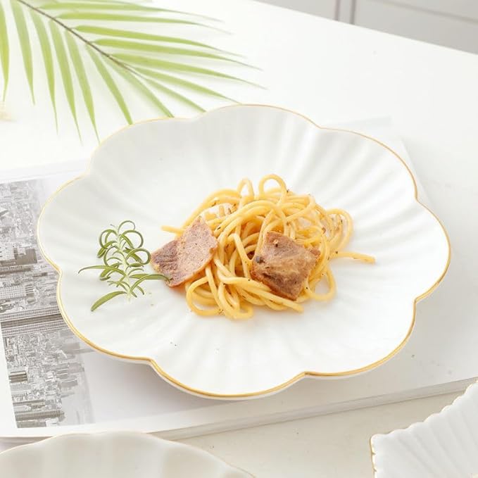 Kitchen Plates Flower Shape Ceramic Plate Nordic Floral White Porcelain Dinner Plate Soup Salad Bowl Dessert Dish Tableware Restaurant Plates(9 inches)