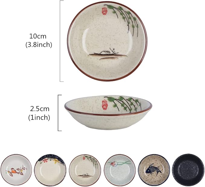 Japanese Retro Ceramic Side Dishes Set of 6, Ceramic Dip Bowls Appetizer Plates, 3.8 Inch Seasoning Dish for Ketchup, Sushi, Snack, Sauce, Dessert