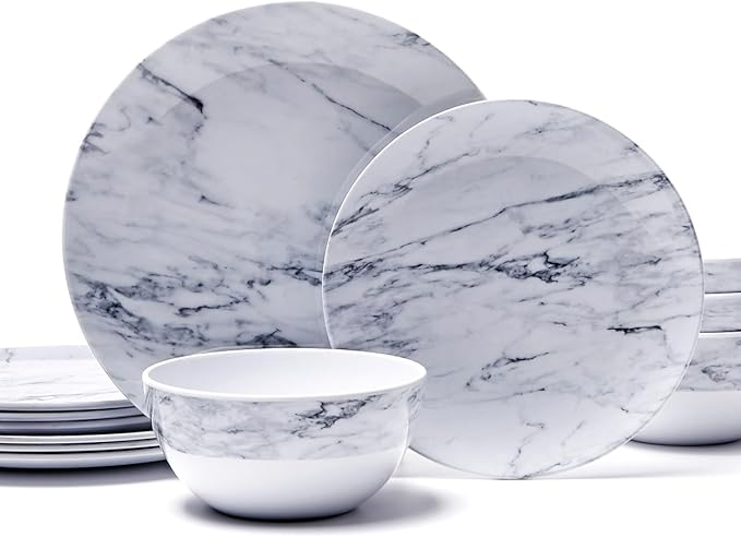 TP 12-Piece Dinnerware Set, Melamine Dishes Set with Bowls and Plates, Non-breakable and Lightweight Dinner Service for 4, Marble Pattern