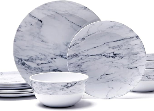 TP 12-Piece Dinnerware Set, Melamine Dishes Set with Bowls and Plates, Non-breakable and Lightweight Dinner Service for 4, Marble Pattern