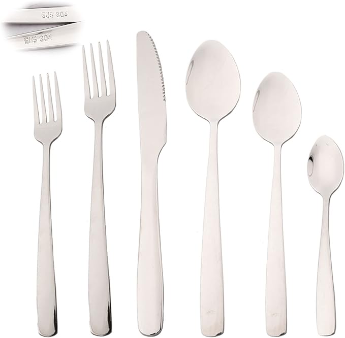 24pcs Silver 304 Stainless Steel Silverware Set with Teaspoons, Elegant Utensils Cutlery Set, Mirror Serving Flatware Set, Service for 4, Dishwasher Safe